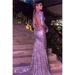 Mermaid Chic Silver Backless Lone-Sleeves V-Neck Sequins Evening Dresses