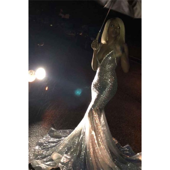Alluring Spaghetti straps Glittering Sequins Sleeveless Mermaid Open Back Evening Dresses