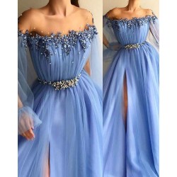 Gorgeous Off-The-Shoulder Appliques Tulle A-Line Prom Party Gowns