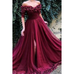 Burgundy A-line Off-the-Shoulder Tulle Flower Applique Prom Dresses