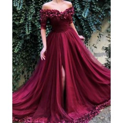 Burgundy A-line Off-the-Shoulder Tulle Flower Applique Prom Dresses