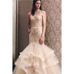 Elegant Mermaid Light Champagne Tulle High Neck Beading Prom Party Gowns| Evening Dress