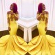 Off-the-shoulder yellow prom dress, mermaid long evening gowns