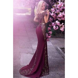 Off-the-Shoulder Formal Evening Dress Beads Appliques Mermaid Prom Party Gowns with Gold Belt