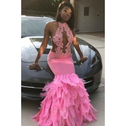 Pink Halter Mermaid Feather Prom Party GownsAppliques Evening Dressing