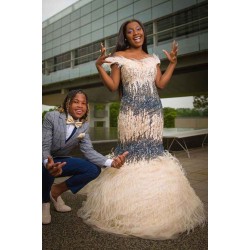 Fluffy Beading Evening Gowns Fur Cap Sleeve Prom Gown