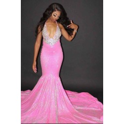 Chic Halter Mermaid Evening Gowns Backless Prom Party Gowns