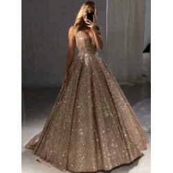 Shiny Gold Ball Gown Evening Dresses Chic V-Neck Sequin Prom Dresses