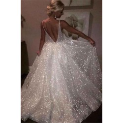 Bling Open Back Sleeveless Prom Dresses A-Line Shiny Evening Gowns