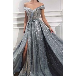 Charming Sequins Off-the-Shoulder Sleeveless Sweetheart Front Slit Shinny Long Prom Dress