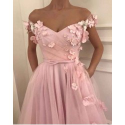 Pink Flowers A-Line Tulle Long Prom Party Gowns| Elegant Off-the-Shoulder Evening Gowns