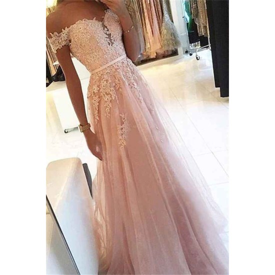 Simple Pink Off-the-Shoulder Applique Prom Dresses Soft Tulle Sleeveless Chic Evening Dresses