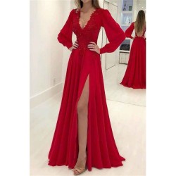 Gorgeous V-Neck Long Sleevess Prom Dresses Side Slit Applique Evening Dresses with Beads
