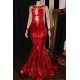 New Arrival Long Sleevess Sequins Mermaid Sheer Tulle Red Long Evening Dress