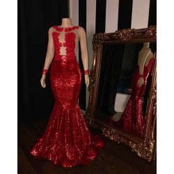 New Arrival Long Sleevess Sequins Mermaid Sheer Tulle Red Long Evening Dress