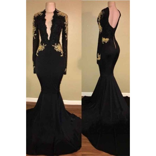 Chic Black and Gold Prom Dresses Deep V-Neck Long Sleevess Evening Gowns