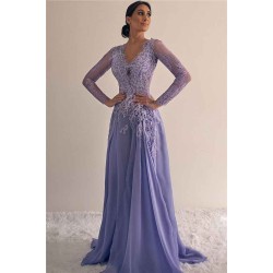 A-line V-neck Lace Formal Dresses Long Sleevess Lilac Evening Gowns