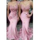 Appliques Lace Mermaid Evening Dresses Pink Formal Dresses