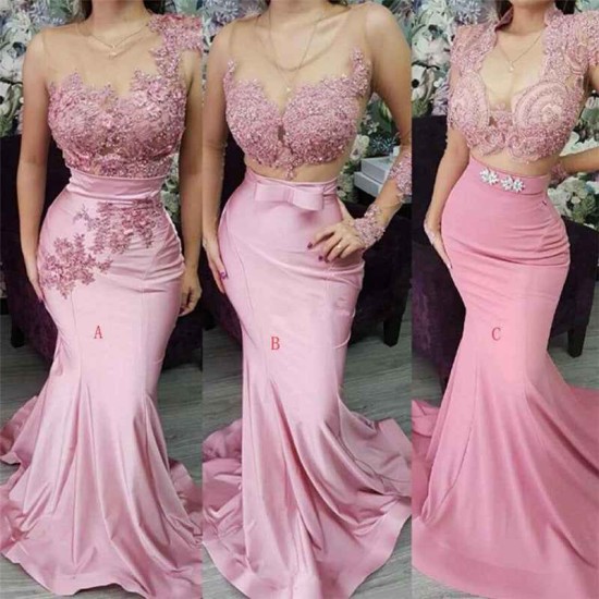 Appliques Lace Mermaid Evening Dresses Pink Formal Dresses