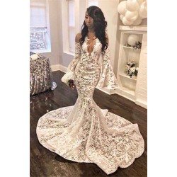 Elegant Fit and Flare Unique Lace Appliques Prom Dresses Long Sleeves Sheer Tulle Evening Gowns