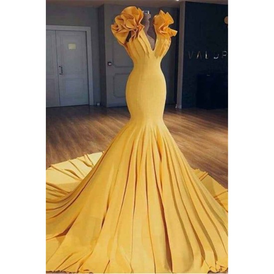 Ginger Yellow Fit and Flare Prom Dresses Ruffles Court Train Wholesale Evening Gowns