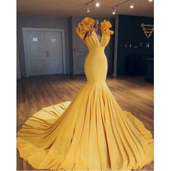 Ginger Yellow Fit and Flare Prom Dresses Ruffles Court Train Wholesale Evening Gowns
