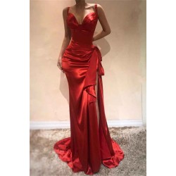 Elegant Mermaid Scarlet Spaghetti Straps Evening Dresses Chic High Split Sleeveless Prom Dresses On Sale