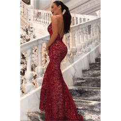 Chic Backless Mermaid Prom Dresses Long Red V-Neck Sleeveless Evening Dress