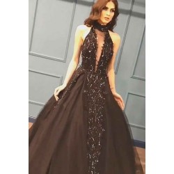 High Neck Black Tulle Chic Prom Dresses New Arrival Sleeveless Beads Sequins Evening Gowns