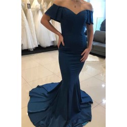 Mermaid Off-the-Shoulder Blue long Bridesmaid Dress On Sale Chic V-neck Open Back Gown Zipper Up With Train