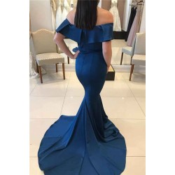 Mermaid Off-the-Shoulder Blue long Bridesmaid Dress On Sale Chic V-neck Open Back Gown Zipper Up With Train
