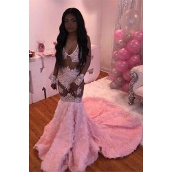 Pink Flowers Chic V-neck Alluring Prom Dresses Sheer Tulle Appliques Fit and Flare Evening Gowns