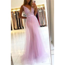 Straps A-line Lace V-neck Evening Dresses Floor Length Party Gowns