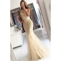 Beaded Crystals Mermaid Tulle Chic Evening Gown Champagne Affordable Prom Party Gowns