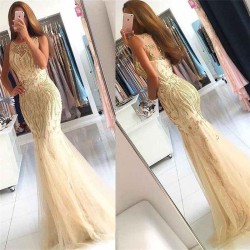 Beaded Crystals Mermaid Tulle Chic Evening Gown Champagne Affordable Prom Party Gowns