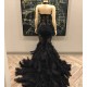 Unique Lace Appliques Halter Feather Prom Dresses Sleeveless Alluring Fit and Flare Evening Gowns
