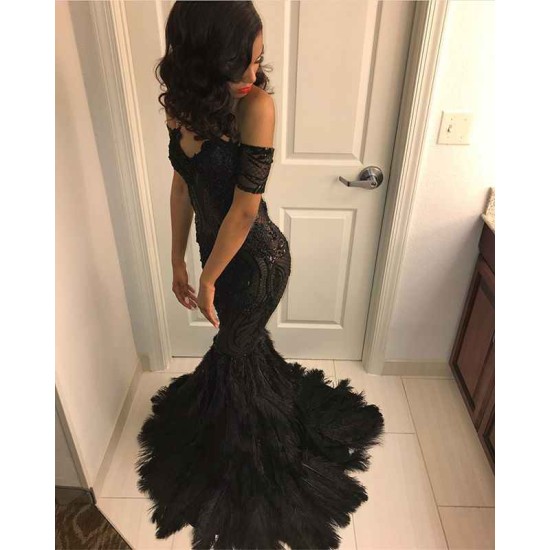 Beads Unique Lace Appliques Feather Prom Dresses Off-The-Shoulder Fit and Flare Evening Gowns