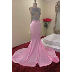 Illusion Top Appliques Halter Mermaid Long Evening Gowns