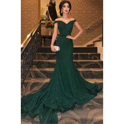 Elegant Dark Green Mermaid Evening Dresses Chic Off Shoulder Sequins Prom Dresses New Arrival