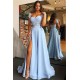 Cap Sleeves Open Back Blue Evening Dress Chic Side Slit Appliques Prom Dresses On Sale