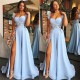 Cap Sleeves Open Back Blue Evening Dress Chic Side Slit Appliques Prom Dresses On Sale