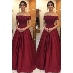 Maroon Off-the-Shoulder Applique Prom Dresses Charming Beads Ruffles Sleeveless Chic Evening Dresses