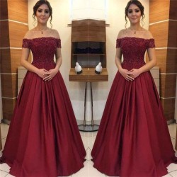 Maroon Off-the-Shoulder Applique Prom Dresses Charming Beads Ruffles Sleeveless Chic Evening Dresses