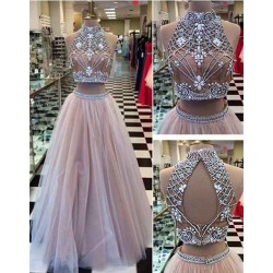 High Collar Two Piece Tulle Evening Dress with Beading A-Line Halter Long Prom Party Gowns