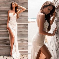 Chic Spaghetti Straps Split Evening Dresses Lace Sheath Summer Party Dress for Beach
