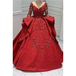 Burgundy Lace Appliques Long Sleevess V-neck Ruffles Ball Gowns Evening Gowns