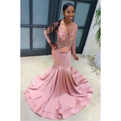 Pink Beads Sequins Chic V-neck Prom Dresses Fit and Flare Long Sleeves Elegant Evening Gowns