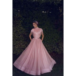 Special High Neck Tassel Beading Cap Sleeves Princess Prom Dresses Blushing Pink Evening Gowns