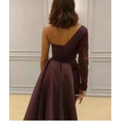Graceful Asymmetric Splicing One Shoulder Appliques Spandex Satin Party Dresses Floor Length Open Back Evening Gowns With Waist Band