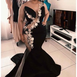 Sleeveless Jewel Sheer Appliques Chic Mermaid Prom Dresses Luxurious Elegant Black Evening Gowns With Chapel Train